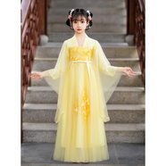 卡米班女童漢服春秋款黃色兒童古裝春秋改良古風(fēng)2025新款大童廣袖舞臺演 鵝黃色 140 cm