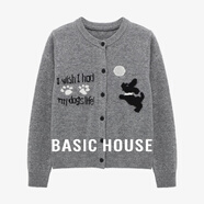 Basic House/百家好卡通小狗提花開衫外套新款減齡綿羊毛短款毛衣 煙灰 M