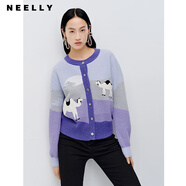 NEELLY納儷商場(chǎng)同款圓領(lǐng)長(zhǎng)袖針織開(kāi)衫女春季新款紫色撞色顯白毛衣 數(shù)碼紫 S