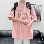 林中尋禾子先生短袖T恤男生ootd夏季卡通半袖落肩情侶款體恤潮流 粉紅色 5XL