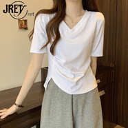 Jret純色褶皺v領(lǐng)正肩T恤短袖女夏季洋氣顯瘦潮不規則設計感小心機上衣 白色 M 86-105斤