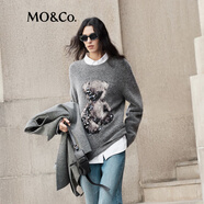 MO&Co.毛衣含綿羊毛羊駝毛馬海毛粗紡毛絨小熊圖案慵懶寬松摩安珂 中花灰色 S 160