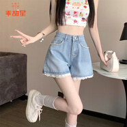 乖甜星甜辣chic牛仔短褲女夏季高腰顯瘦闊腿A字大碼百搭小個子釘珠花邊a 淺藍色 M 【建議95-105斤】