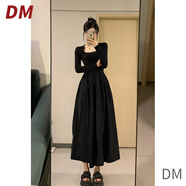 DALEY MODE赫本風(fēng)黑色連衣裙女裙子套裝內(nèi)搭長裙一整套穿搭2025新款百搭時尚 黑色方領(lǐng)拼接連衣裙 S