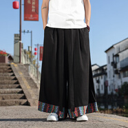 華天牧古風(fēng)漢服飄帶設計感闊腿褲男士中國風(fēng)亞麻裙褲寬松垂感棉麻直筒褲 黑色 4XL 180-190斤