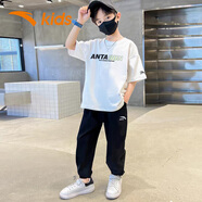 安踏兒童運(yùn)動(dòng)套裝秋季短袖長(zhǎng)褲兩件套T恤2025新款透氣6-16歲衣服 白T黑褲8111H 140