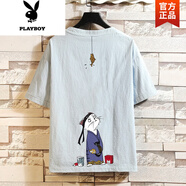 花花公子（PLAYBOY）夏季亞麻潮流短袖T恤男中潮流大碼中袖體恤寬松百搭帥氣半袖上衣 淺藍(lán)色 XL