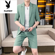 花花公子冰絲西服套裝男夏季短袖短褲一套高端薄款帥氣休閑七分袖西裝外套 綠色(兩件套5) 外套+5分褲 XL (120-135斤)