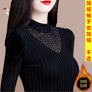 啄木鳥半高領(lǐng)打底衫女秋冬季2025女裝網(wǎng)紗蕾絲衫長袖T恤女上衣小衫女 黑色 加絨 4XL