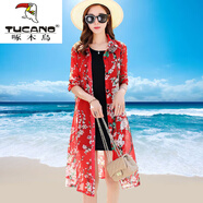 啄木鳥(niǎo)（TUCANO）2025新款防曬衣女中長(cháng)款夏季披肩薄外套雪紡外搭開(kāi)衫沙灘防紫外線(xiàn) 8819長(cháng)袖-紅桃花 3XL (135-145斤)