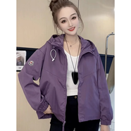 依伊純春秋短款連帽雙拉鏈沖鋒衣外套女新款韓版寬松顯瘦百搭小個子上衣 深紫色加棉 加厚 S 90-105斤