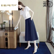 夏典素訂女王（SE.PSTP）兩件套純色小香風(fēng)女半身裙子棉麻V領(lǐng)時(shí)尚上衣洋氣休閑夏季套裝 藏青色套裝今年流行的輕奢品牌 L 建議100-120斤