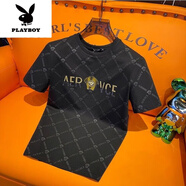 花花公子（PLAYBOY）夏季男士短袖T恤時(shí)尚小眾質(zhì)感燙印潮流舒適百搭休閑體恤新品 黑色 4XL 180-200斤