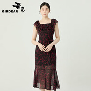 哥弟（GIRDEAR）女裝2025夏裝新款荷葉邊領(lǐng)口開叉造型連衣裙（附腰帶）150025 梅洛葡萄酒紅 XL (5碼)