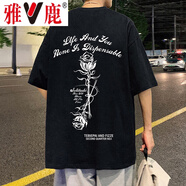 雅鹿短袖T恤男夏季薄款美式街頭潮牌上衣男士冰絲寬松體恤涼感衣服 黑色 5XL