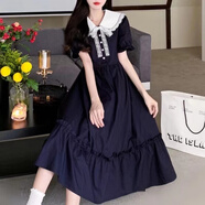 歐黛秀18歲成年禮服女孩學(xué)院風(fēng)娃娃領(lǐng)荷葉邊連衣裙女夏季大碼胖mm學(xué)生收 藏青色 2XL :建議140-160斤