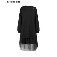 S.DEER圣迪奧女裝連衣裙高級感圓領(lǐng)胸針網(wǎng)紗兩件套長(cháng)袖裙子女 S25181203 黑色/91 S (160)