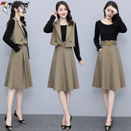 啄木鳥(niǎo)（TUCANO）西裝領(lǐng)馬甲套裝裙女早春2026春秋韓版修身時(shí)尚名媛風(fēng)兩件套連衣裙 咖色【兩件套】有腰帶 3XL 【建議135-150斤】