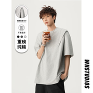 OEMG 美式高街短袖t恤男夏季活頁設(shè)計感解構(gòu)五分袖寬松休閑情侶體恤衫 淺灰色 XL 【建議135-150斤】