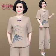 俞兆林（YUZHAOLIN） 母親節禮物媽媽夏裝2025套裝冰絲上衣服中年女裝短袖T恤中老年女 卡其色 2XL 【建議100-115斤左右】