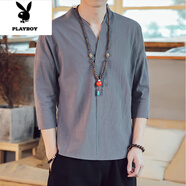 花花公子（PLAYBOY）中國風(fēng)男裝亞麻短袖T恤夏季唐裝半袖中袖寬松中式七分袖棉麻上衣 深灰色 4XL 175-190斤