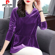皮爾卡丹（pierre cardin）黑色V領(lǐng)中長(zhǎng)款上衣女秋冬修身大碼收腰長(zhǎng)袖金絲絨時(shí)尚氣質(zhì)歐洲站T 紫色 建議95-110斤 M