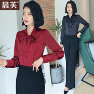 晨芙蝴蝶結(jié)雪紡襯衫女長(zhǎng)袖打底衫時(shí)尚飄帶領(lǐng)襯衣職業(yè)裝前臺(tái)領(lǐng)班工作服 單件酒紅色襯衫 3XL 建議130-145斤