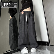 JEEP SPIRIT吉普多口袋工裝牛仔褲男女同款春秋季潮牌抽繩束腳長(cháng)褲寬松直筒闊 黑色 XL
