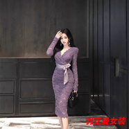 顧夕岑紫色v領(lǐng)蕾絲連衣裙女秋季長(zhǎng)袖修身綁帶中長(zhǎng)款輕熟風(fēng)收腰包臀裙子 紫蘭色 S