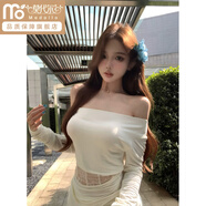 莫代爾一字肩純欲蕾絲魚骨長(zhǎng)袖T恤女春季時(shí)尚套裝高腰半身裙長(zhǎng)裙兩件套 奶白色上衣旗艦款 M
