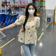 Jret方領(lǐng)T恤女夏季2025小清新小花收腰顯瘦泡泡短袖別致上衣小衫 奶杏色襯衫 S 2#【建議80-100斤】