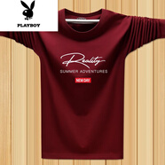 花花公子（PLAYBOY）春季長袖t恤男純棉青年圓領韓版潮薄款百搭秋衣打底衫加大號ins 大R袖長酒紅色 2XL 建議135-150斤