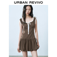 UR2025春季新款女裝撞色蕾絲飄帶U領(lǐng)無袖修身連衣裙UYY750014 深棕色 XS