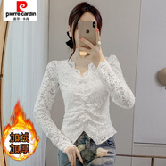 皮爾卡丹（pierre cardin）加絨蕾絲打底衫女秋冬新款修身V領(lǐng)褶皺氣質(zhì)小衫內搭長(cháng)袖上衣 白色加絨 185-195斤 6XL
