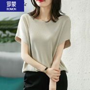 羅蒙（ROMON）女裝針織T恤短袖 2025夏季新款純色冰絲蝙蝠衫英倫風(fēng)薄款套頭上衣 【米杏】 M 95-105斤