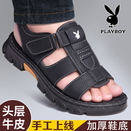 花花公子（PLAYBOY）涼鞋男2025夏季新款休閑真皮沙灘鞋軟底防滑中年涼拖鞋子 黑色H2512 真皮牛皮 39