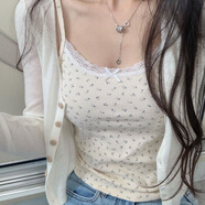樂卡利碎花吊帶背心女內搭外穿人棉帶胸墊甜妹打底衫韓系蕾絲蝴蝶結上衣 碎花蝴蝶結吊帶【杏120內】