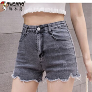 啄木鳥(niǎo)夏季新款牛仔短褲女寬松顯瘦百搭韓版毛邊牛仔短褲子女 8803淺灰 30 【125斤左右可穿】