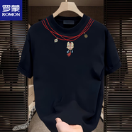 羅蒙（ROMON）2025夏季新款棉質(zhì)t恤圓領(lǐng)國潮醒獅短袖男裝寬松休閑潮流體恤 黑色【前領(lǐng)口圖K3008 紅繩-獅】 L 建議120-140斤