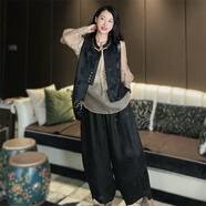 花影妖妖花蘿真絲香云紗新中式哈倫褲女高腰顯瘦流蘇盤(pán)扣寬松燈籠褲S6170 黑色 常規 M