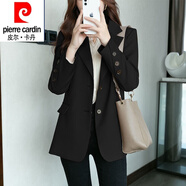 皮爾卡丹（pierre cardin）西裝外套女23春秋新款網(wǎng)紅韓版休閑中長(zhǎng)寬松單排扣免燙外套西服職 純黑色好面料 2XL 141-155斤