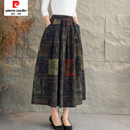 皮爾卡丹（pierre cardin）印花新款棉麻文藝高腰復古中長(cháng)款半身裙顯瘦松緊碎花裙子 紅方塊 均碼 80-165斤穿】裙長(cháng)80公分