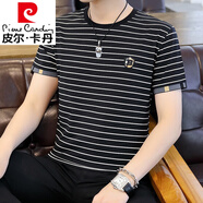 皮爾卡丹（pierre cardin）男士短袖t恤2025夏季新款圓領(lǐng)橫條紋體恤衫半截袖上衣服 黑色 3XL 150-170斤