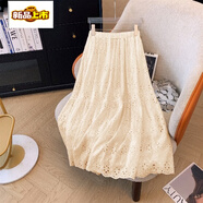 初徑日系森女鏤空刺繡半身裙女夏季內襯雙層松緊腰中長(cháng)款字傘裙半裙 杏色 2XL 建議145-160斤
