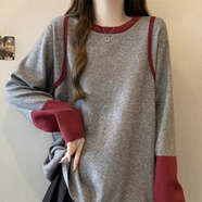 憶思減2025春秋季新款歐貨撞色條紋內搭打底衫長(cháng)袖T恤女大碼時(shí)尚上 灰色 加絨打底衫 XL 建議120-140斤