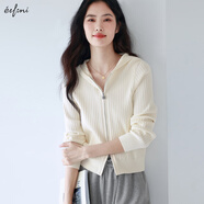 伊芙麗（eifini）伊芙麗戴帽修身親膚棉雙開拉鏈針織開衫女2025春季新款毛衣外套 米白 L 115-130斤