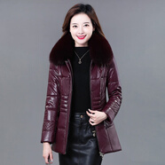 月影披夢羊駝絨海寧皮草大碼皮大衣皮羽絨服女中長款加厚外套仿防真皮皮衣 葡萄紫 加厚 (羊駝絨+可拆卸真狐貍毛領(lǐng)) 3XL