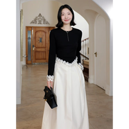 郭九九呢 紅人衣櫥 棉法式復古顯瘦花邊長(cháng)袖t恤高腰褶皺半身裙 G925A00001 上衣-黑色 M