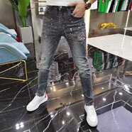 南極人站滿身燙鉆灰色牛仔褲男士修身小腳彈力亮晶晶潮流 灰色滿天星 31