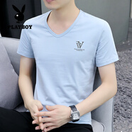 花花公子（PLAYBOY）純棉短袖t恤男v領(lǐng)潮流上衣桃心領(lǐng)韓版男裝透氣冰絲體恤時尚v字領(lǐng) 淺藍色SK3033 M 體重95-115